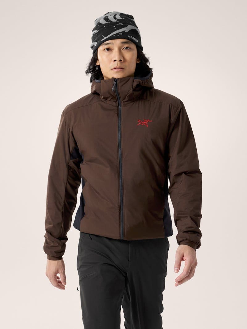 Arc'teryx Atom Hoody front view showing Coreloft insulated body and stretch fleece side panels