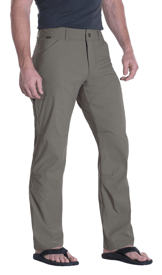 KUHL Renegade Rock Pants in khaki, showing tapered fit with articulated knees
