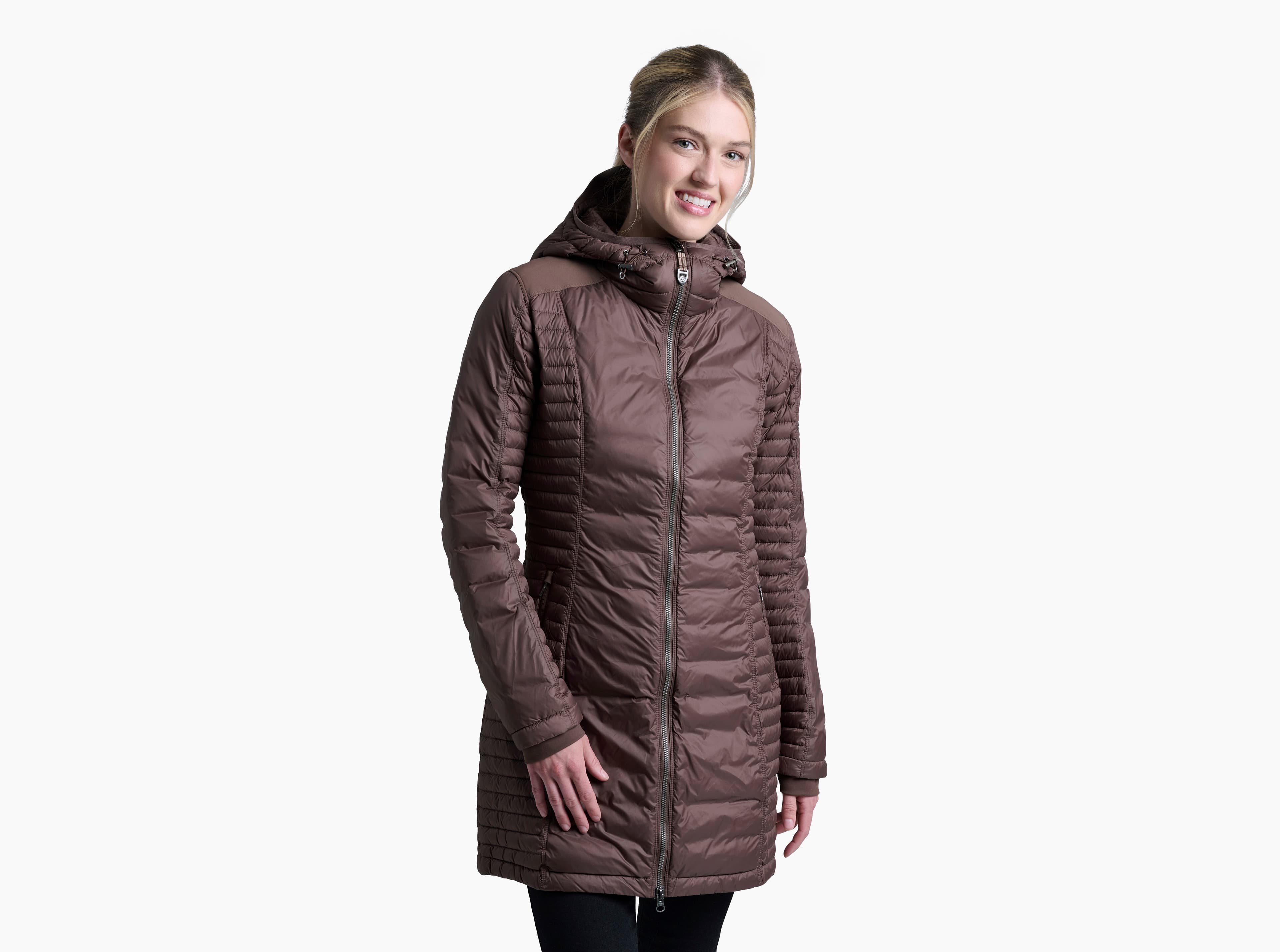 KUHL Women's Spyfire Down Parka in coffee color, front view showing quilted baffles and reinforced yoke overlay