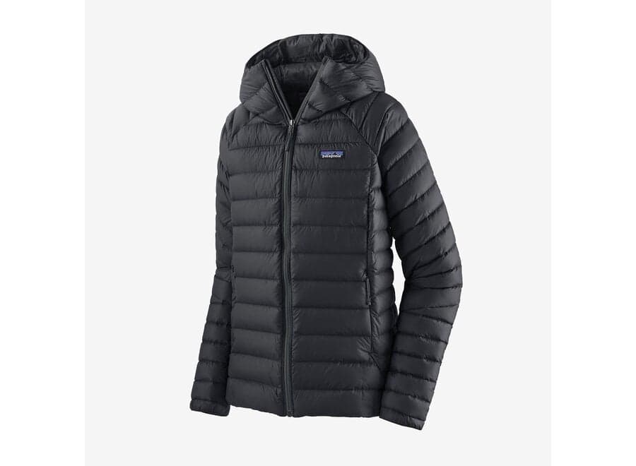Patagonia Women's Down Sweater Hoody front view showing quilted horizontal baffles and adjustable hood